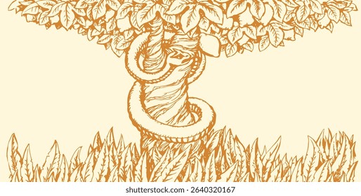 Creepy big wood park leaf plant first old ban take life tempt die story white sky view. Black hand drawn forest man person protect woman at food sign icon scene antique vintage art sketch style concep