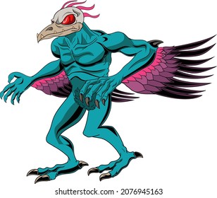 A creepy bird demon with a skull like head and bluish featherless body. An evil Garuda.