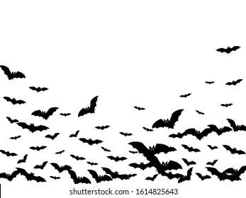 Creepy black bats group isolated on white vector Halloween background. Flying fox night creatures illustration. Silhouettes of flying bats vampire Halloween symbols on white.