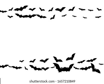 Creepy black bats swarm isolated on white vector Halloween background. Flying fox night creatures illustration. Silhouettes of flying bats traditional Halloween symbols on white.