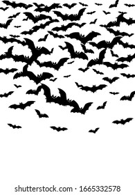 Creepy black bats swarm isolated on white vector Halloween background. Rearmouse night creatures illustration. Silhouettes of flying bats vampire Halloween symbols on white.