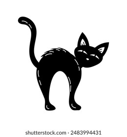 Creepy black cat isolated over white background. Halloween scaredy kitten. Wiccan familiar spirit, halloween or pagan witchcraft. Vector stock illustration. 