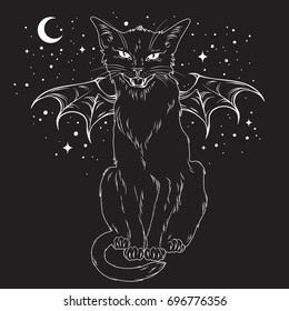 Creepy black cat and monster wings over night sky and moon   stars  Wiccan familiar spirit  halloween pagan witchcraft theme print design vector illustration