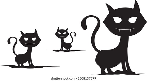 Creepy black cat on the way to celebrating halloween. Pumpkin, witch, bat, castle, black cat, spider, candle, skull, creepy, spooky. Vector Illustration.
