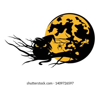 creepy black cat wearing witch hat sitting on tree branch against full moon - halloween vector design