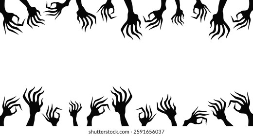 Creepy black clawed hands emerging from shadows, great for Halloween horror decorations and party designs.