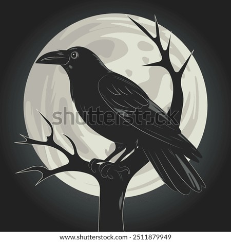 A creepy black crow on a tree against the backdrop of a huge moon. No artificial intelligence was used to create the illustration.
