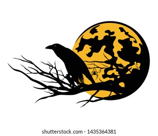 creepy black raven sitting on bare tree branch against full moon - halloween theme vector design