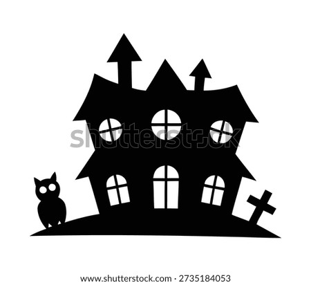Creepy black silhouette icon representing a scary haunted mansion or derelict building, featuring crooked windows, sharp roof peaks, a small owl, and a tombstone, perfect for Halloween.