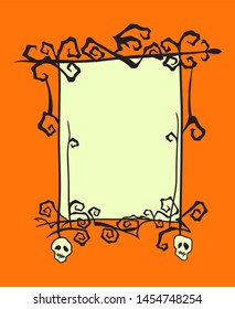 Creepy blank frame with skulls. Hand drawn Halloween greeting card celebration design element. Holiday vector illustration over orange.