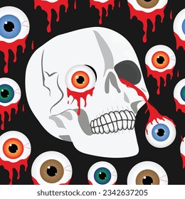 Creepy bloody halloween seamless pattern. Scary background with skull and eye balls. Vector illustration.