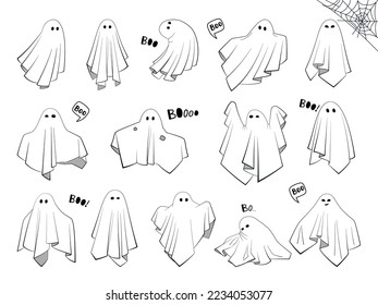 Creepy boo characters for kids. Set of cute cloth Ghosts with cartoon scary, spooky and funny faces. Collection of magic flying Phantoms on the white background. Halloween symbol vector illustration