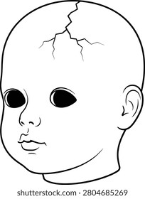 Creepy broken doll head silhouette vector for horror design projects