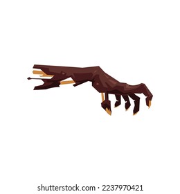 Creepy brown zombie hand vector illustration. Horror, walking dead, monsters for Halloween. Cartoon drawing of rotting broken arm isolated on white background. Halloween concept