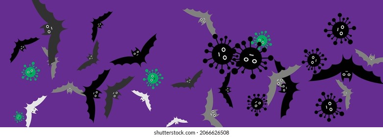 Creepy Cartoon Covid Dracula Faces Background. White Scary Horror Black Vaccination Fear Halloween Illustration. Funny Purple Grey Virus Vampire Backdrop. Mysterious Gothic Spooky Corona Party Bats.