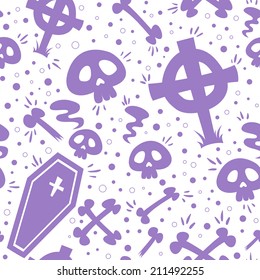 Creepy cartoon Halloween seamless texture with tomb stones, sculls and coffins