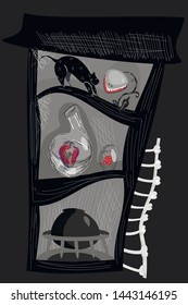 creepy cartoon illustration of a gothic ancient cabinet with organs in glasses, a small black cat fighting against miracle plant with sharp teeth. Bone stairs beside it.