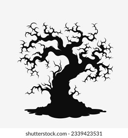 Creepy cartoon tree. Black silhouette. Vector logo