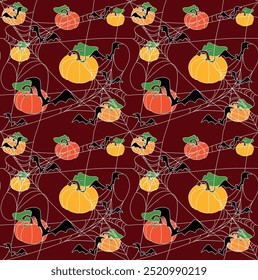 Espeluznante calabaza tallada con araña, mal. Ilustración de otoño en estilo funky groovy retro de dibujos animados planos para la decoración de vacaciones de Halloween, papel de regalo, negro, rojo, fondo rojo oscuro