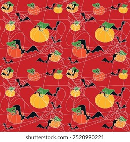 Espeluznante calabaza tallada con araña, mal. Ilustración de otoño en estilo funky groovy retro de dibujos animados planos para la decoración de vacaciones de Halloween, papel de regalo, negro, rojo, fondo rojo oscuro