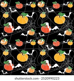 Espeluznante calabaza tallada con araña, mal. Ilustración de otoño en estilo funky groovy retro de dibujos animados planos para la decoración de vacaciones de Halloween, papel de regalo, negro, rojo, fondo rojo oscuro