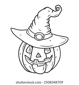 Creepy carved pumpkin in witch hat smiling as a symbol of happy Halloween celebration. Hand drawn vector sketch illustration in doodle engraved vintage line art style in black on white background