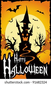 Creepy Castle as a Background of Happy Halloween Card