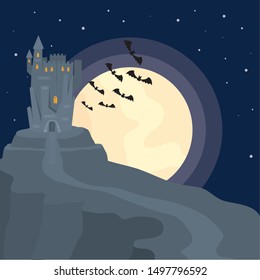 creepy castle flying bats trick or treat - happy halloween party vector illustration