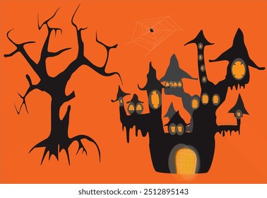 creepy castle or tree illustrated for Halloween decoration