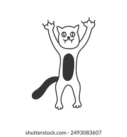 Creepy Cat Doodle. Hand drawn mystical animal with fangs and claws. Cartoon line art. Halloween Magic Mysterious symbol. Isolated vector illustration