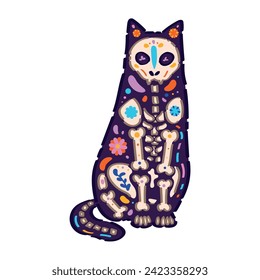Creepy cat with drawn skeleton on white background. Mexico's Day