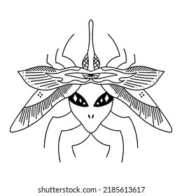 Creepy Celestial Beetle With Alien Face In Dark Boho Style, Horror Insect Vector Clipart Illustration. Gothic, Macabric Weird Concept Art. Great For Halloween Party, T-shirts Printing, Tattoo And