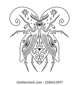 Escarabajo celestial escarpado con ojos humanos en estilo boho oscuro, insecto de horror vector ilustración clipart. Arte de concepto gótico, macabric extraño. Ideal para la fiesta de Halloween, impresión de camisetas, tatuajes y