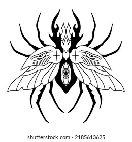 Escarabajo celestial escarpado con ojos humanos en estilo boho oscuro, insecto de horror vector ilustración clipart. Arte de concepto gótico, macabric extraño. Ideal para la fiesta de Halloween, impresión de camisetas, tatuajes y