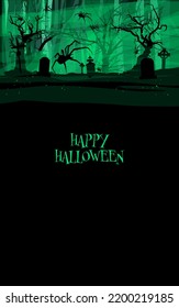 Creepy cemetery filled with thick fog, huge spiders sitting on the cobwebs, graves and tombstones. Halloween scene, background. Forest with old graveyard, greeting cart, template
