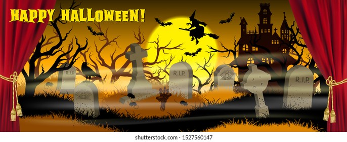 Creepy cemetery halloween background with tree and old house.