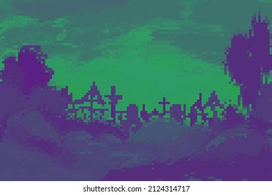 Creepy cemetery landscape illustration. Artistic background in pixel art style