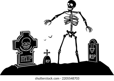 Creepy cemetery silhouette with skeleton. Vector illustration design for Halloween banner, poster, invitation card.
