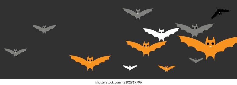 Creepy Chaos Faces Sky Mysterious Halloween Art Illustration. Spooky Vampire Funny Horror Party Backdrop. Gothic Cartoon Black Fear White Bats Design Pic. Monster Grey Dracula Orange Scary Bats.