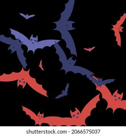 Creepy Chaos Red Motion Halloween Modern Design. Scary Pink Retro Eyes Gothic Bats Vector Design Pic. Purple Black Sky Attack Background. Print Colorful Spooky Night Art Flying Bats Fabrics.