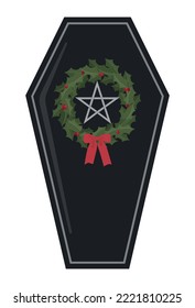 Creepy Christmas black coffin, wreath with pentagram and bow. Isolated on white background. Holiday greeting card template. Hand drawn style vector illustration.