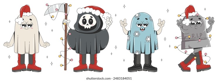Creepy Christmas characters in trendy groovy style. Cute and spooky Tombstone, Ghost, Death in boots. Retro vector illustration. Merry Christmas and Happy New Year.
