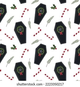 Creepy Christmas coffin with candy canes, holly berries, and branches. Isolated on white background. Christmas and New Year digital paper design.