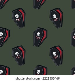 Creepy Christmas coffin seamless pattern on a green background. Isolated on white background. Christmas and New Year digital paper design.