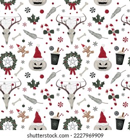 Creepy Christmas seamless pattern. Hand drawn deer skulls, pumpkin lanterns, wreaths, drinks, candies and snowflakes, and others. Isolated on white background.