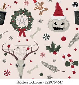 Creepy Christmas seamless pattern on a beige background. Hand drawn deer skulls, pumpkin lanterns, wreaths, drinks, candies and snowflakes, and others.