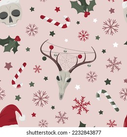 Creepy Christmas skulls seamless pattern on pink background. Hand drawn human and deer skulls, candies, and snowflakes. Spooky and scary Halloween skull.