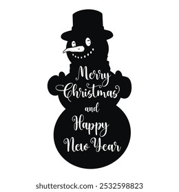 Creepy Christmas snowman element monochrome with scary silhouette with New Year greetings lettering and big smile vector illustration