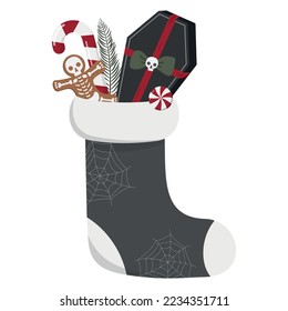 Creepy Christmas sock with black coffin gift, gingerbread skeleton man cookie, and candies. Vector illustration. Isolated on white background.