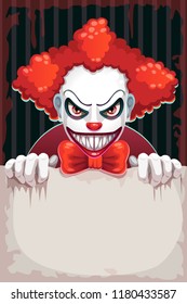 Creepy Circus Poster. Scary Evil Clown With Paper Banner In The Hand. Halloween Background.